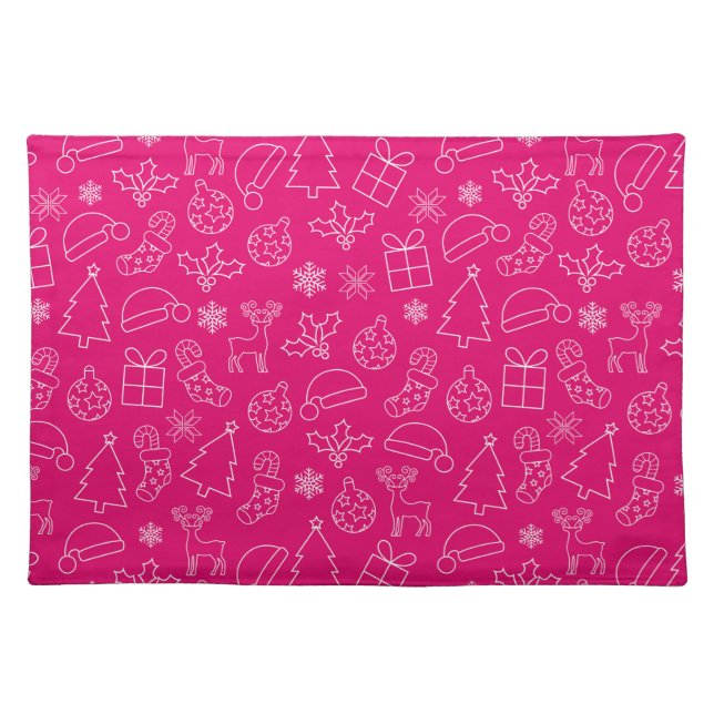 Festive Hot Pink & White Winter Christmas Pattern Cloth Placemat (Front)