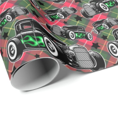 Festive Hot Rod Holiday Red Green Plaid Christmas Wrapping Paper