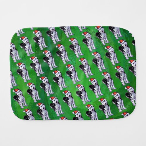 Festive Husky in Santa Hat on Green Baby Burp Cloth