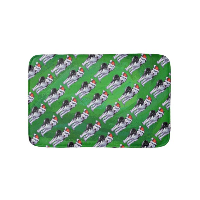 Festive Husky in Santa Hat on Green Bathroom Mat (Front)