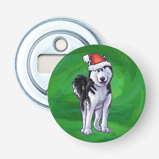 Festive Husky in Santa Hat on Green Bottle Opener (Front)