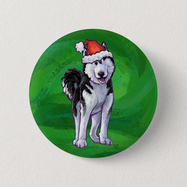 Festive Husky in Santa Hat on Green Button (Front)