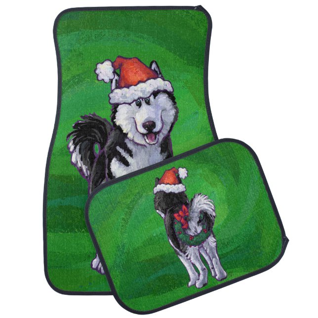 Festive Husky in Santa Hat on Green Car Mat (Set)