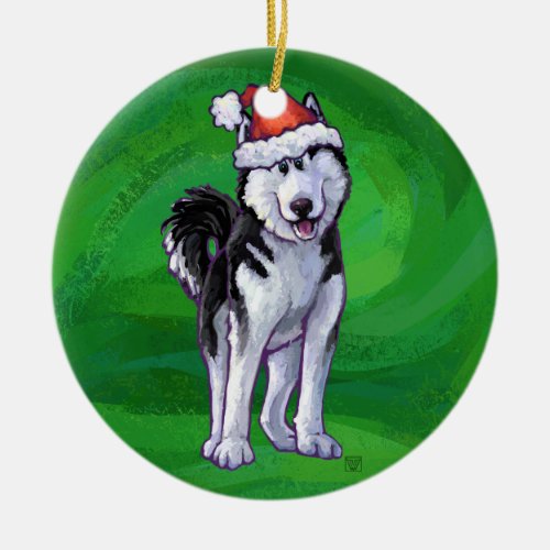 Festive Husky in Santa Hat on Green Ceramic Ornament