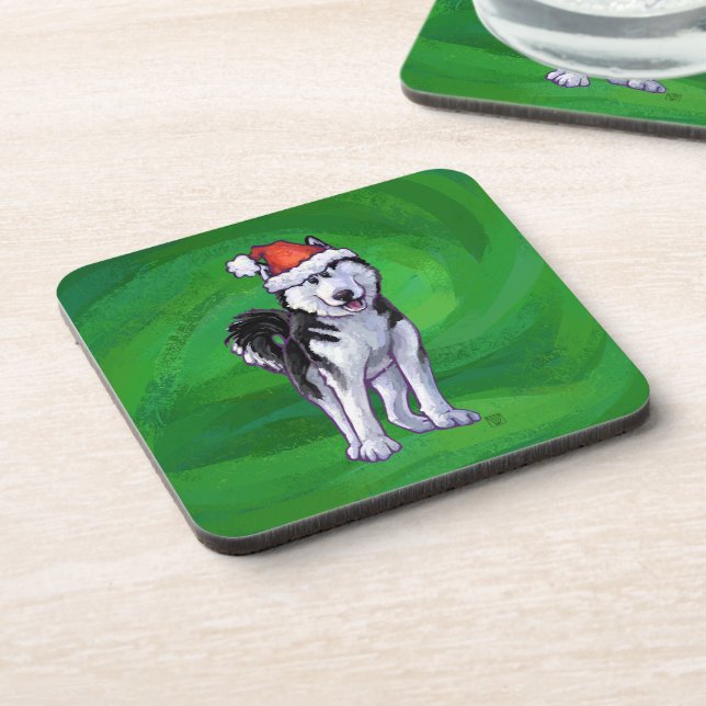 Festive Husky in Santa Hat on Green Coaster (Left Side)