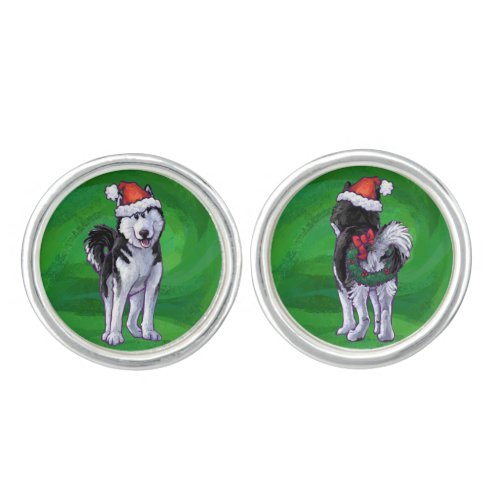 Festive Husky in Santa Hat on Green Cufflinks