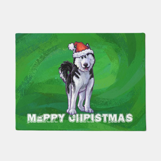 Festive Husky in Santa Hat on Green Doormat (Front)