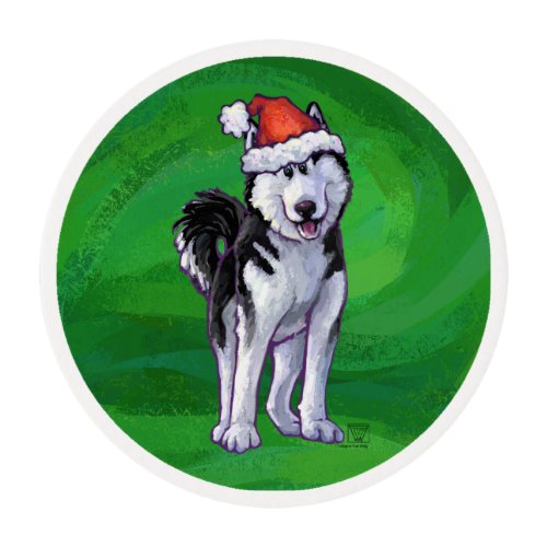 Festive Husky in Santa Hat on Green Edible Frosting Rounds