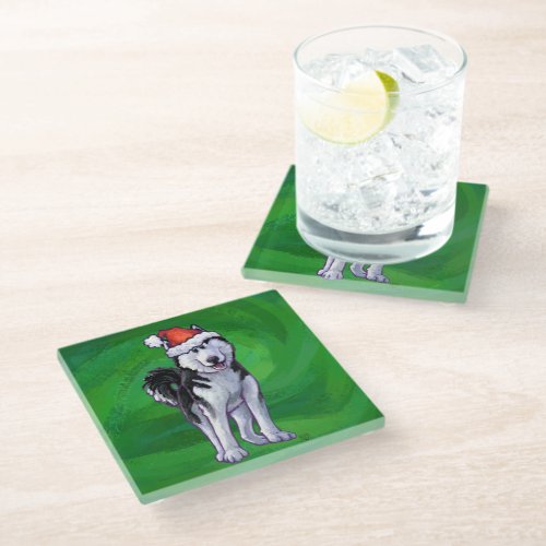 Festive Husky in Santa Hat on Green Glass Coaster