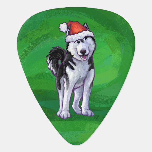 Festive Husky in Santa Hat on Green Guitar Pick