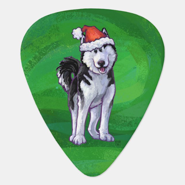 Festive Husky in Santa Hat on Green Guitar Pick (Front)