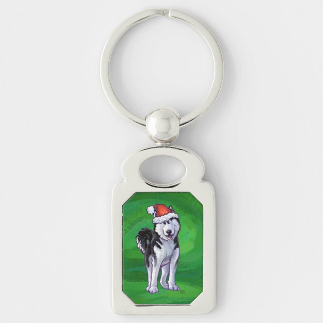Festive Husky in Santa Hat on Green Keychain (Front)