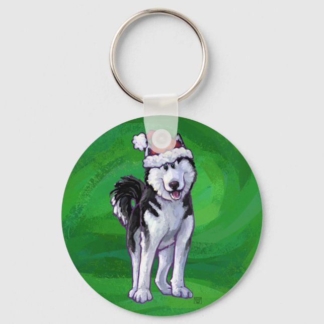 Festive Husky in Santa Hat on Green Keychain (Front)
