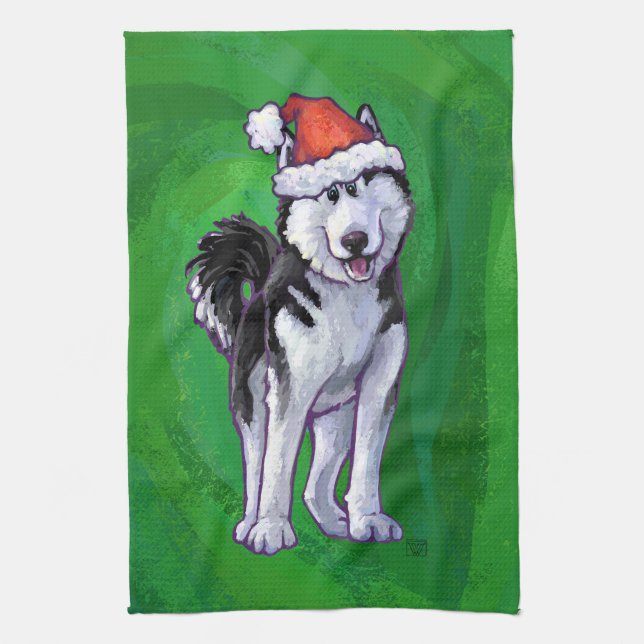Festive Husky in Santa Hat on Green Kitchen Towel (Vertical)