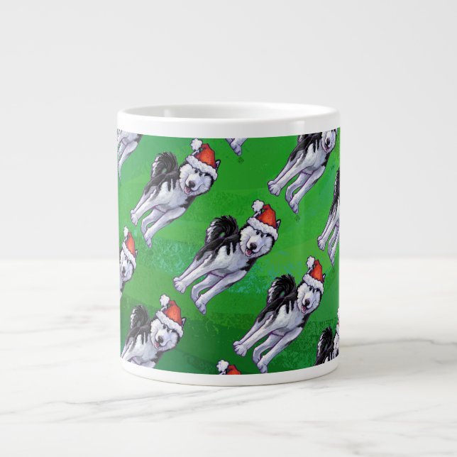 Festive Husky in Santa Hat on Green Large Coffee Mug (Front)