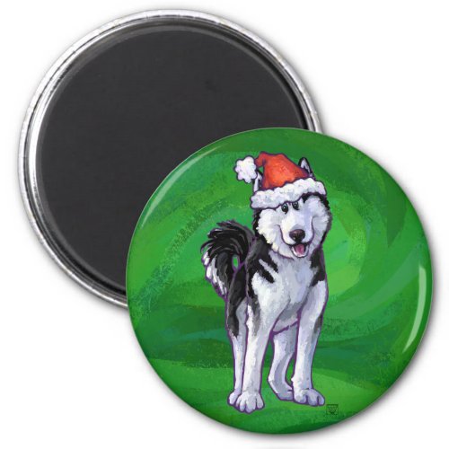 Festive Husky in Santa Hat on Green Magnet