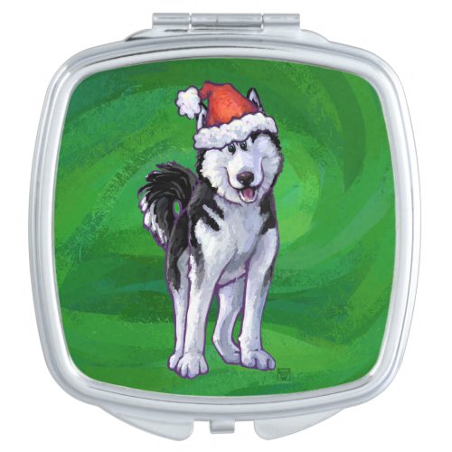 Festive Husky in Santa Hat on Green Makeup Mirror