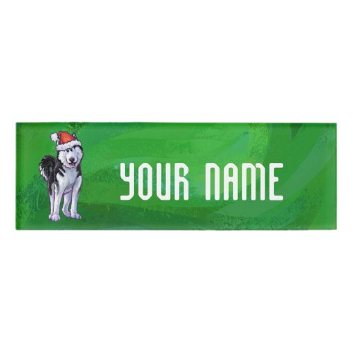 Festive Husky in Santa Hat on Green Name Tag