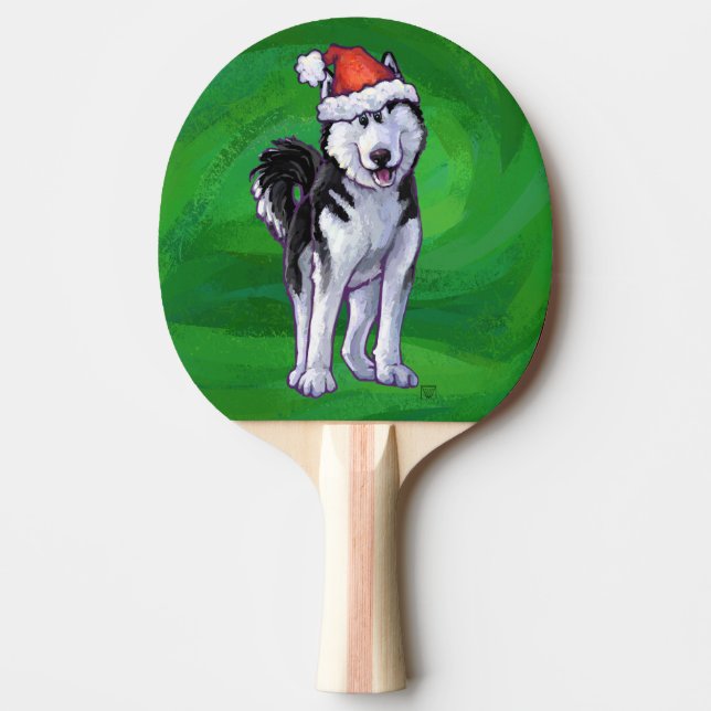 Festive Husky in Santa Hat on Green Ping Pong Paddle (Front)