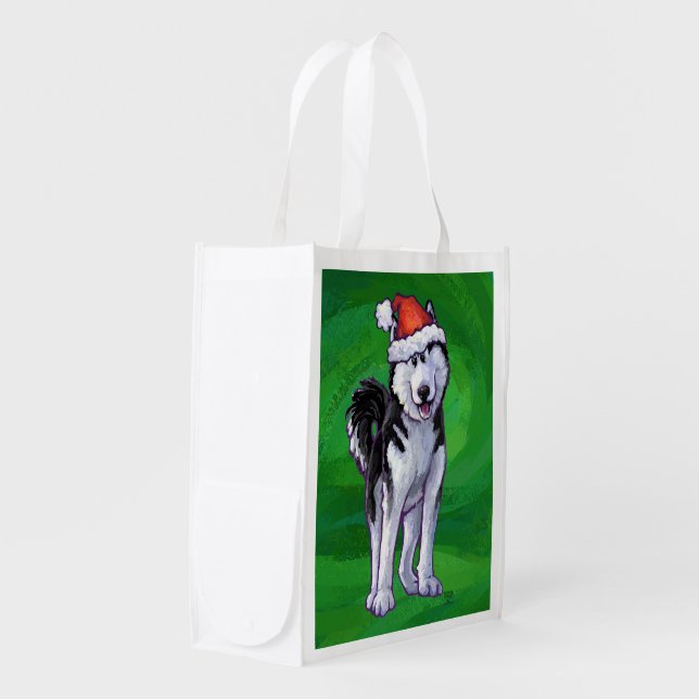 Festive Husky in Santa Hat on Green Reusable Grocery Bag (Front Side)