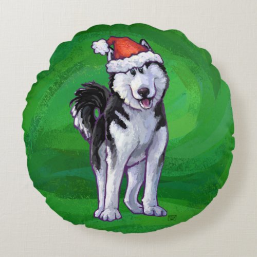 Festive Husky in Santa Hat on Green Round Pillow