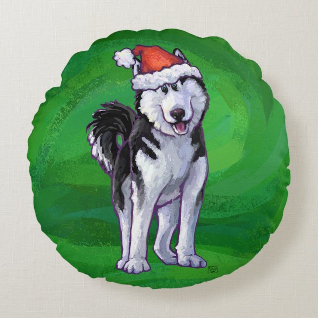 Festive Husky in Santa Hat on Green Round Pillow (Front)