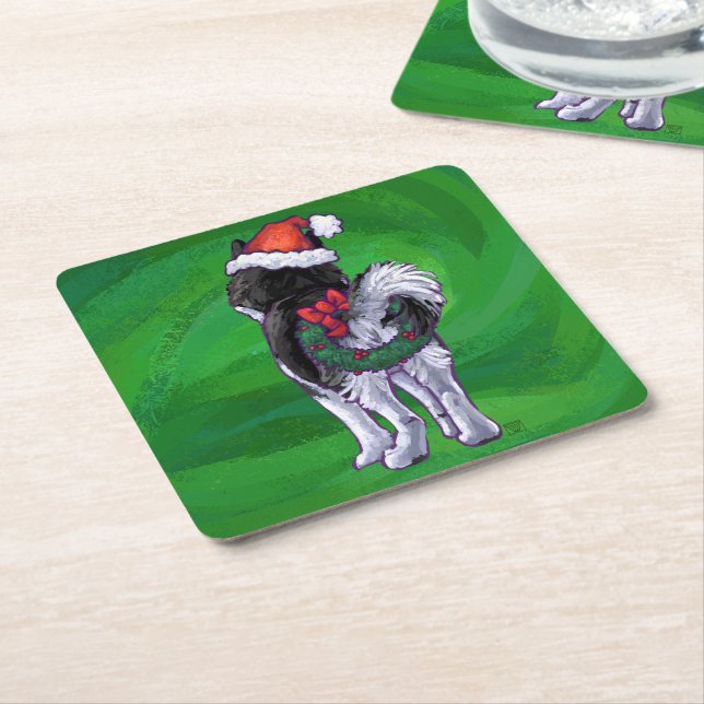 Festive Husky in Santa Hat on Green Square Paper Coaster (Angled)