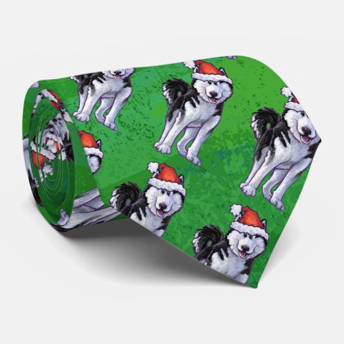 Festive Husky in Santa Hat on Green Tie