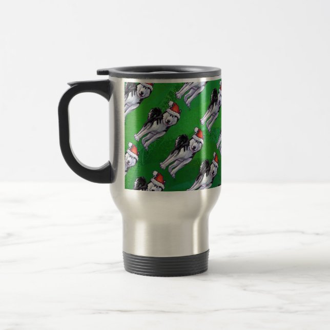 Festive Husky in Santa Hat on Green Travel Mug (Left)