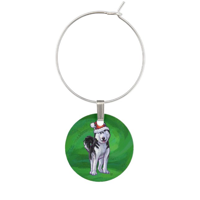 Festive Husky in Santa Hat on Green Wine Glass Charm (Front)