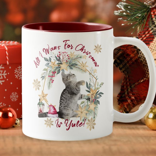Festive Hygge Yule Cat Christmas Humor Two-Tone Coffee Mug (Creator Uploaded)