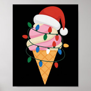 Festive Ice Cream With Christmas Lights And Santa  Poster
