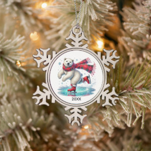 Festive Ice skating polar bear add year  Snowflake Pewter Christmas Ornament
