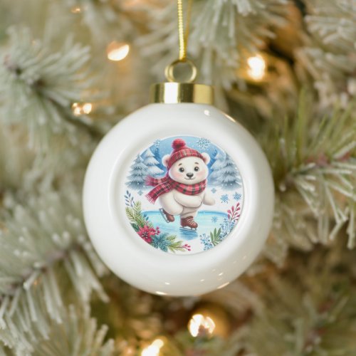 Festive Ice skating polar bear  Ceramic Ball Christmas Ornament