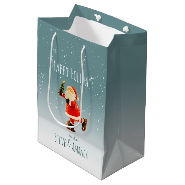 Festive Ice Skating Santa – Personalized Medium Gift Bag (Front Angled)