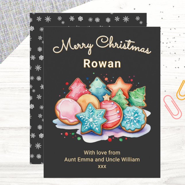 Festive Iced Cookies Personalized Merry Christmas Holiday Card (A modern Christmas card with colorful cookies picture in a watercolor style, on a black background)