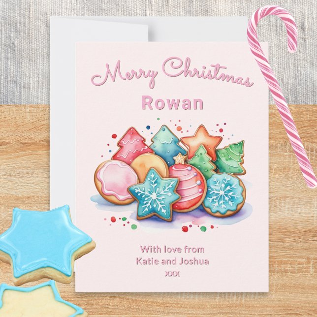 Festive Iced Cookies Pink Custom Christmas Holiday Card (A cute personalized Christmas card in pastel pink with festive cookies picture in a watercolor style)