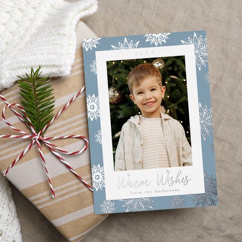 Festive Icy Blue and Silver Snowflakes Photo Foil Holiday Card