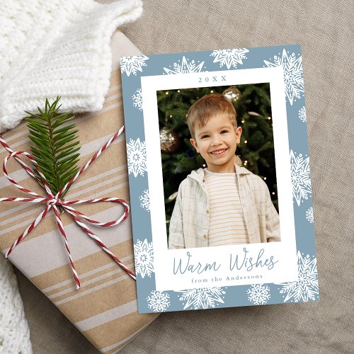 Festive Icy Blue and White Snowflakes Photo Holiday Card