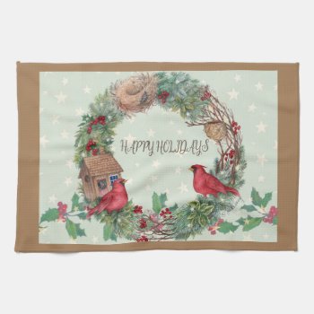 Festive Illustrated Wreath From The Woodland Kitchen Towel by paintedcottage at Zazzle