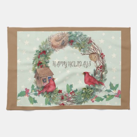 Festive Illustrated Wreath From The Woodland Kitchen Towel