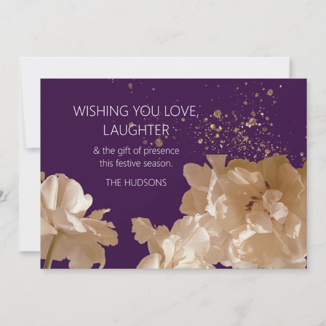 Festive Indigo & Gold Dust Floral Christmas Holiday Card (Front)