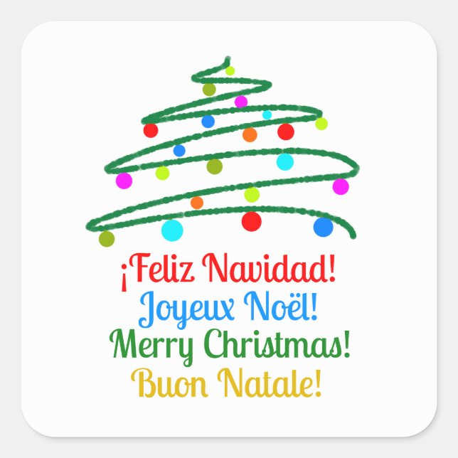Festive International Merry Christmas and Tree Square Sticker (Front)