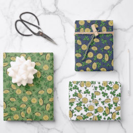 Festive Irish Green Navy Lucky You Shamrocks Coins Wrapping Paper Sheets