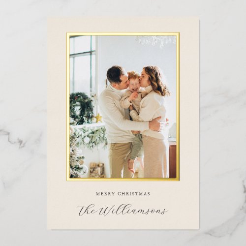 Festive Ivory Black Script Name Christmas Photo Foil Holiday Card