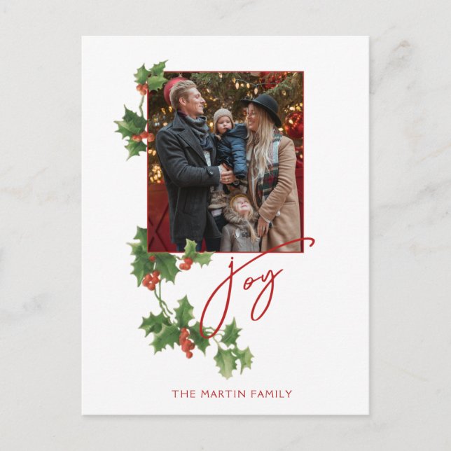 Festive Joy Calligraphy Script, Holly & Photo Postcard (Front)