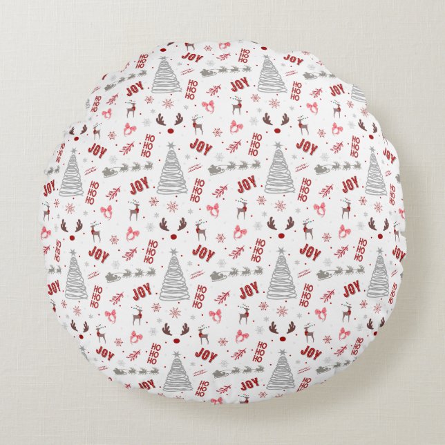 Festive Joy Christmas – Santa, Reindeer & Ho Ho Ho Round Pillow (Front)