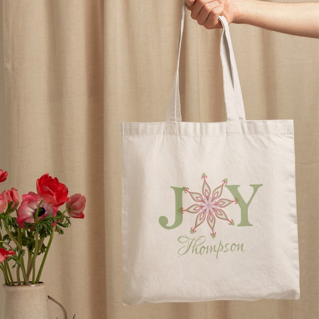 Festive Joy Christmas Whimsical Typography Design Tote Bag (Festive Christmas joy typography tote bag with whimsical holiday lettering design.)