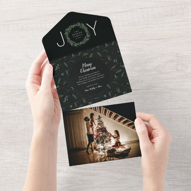 Festive JOY Christmas Wreath Green 1 Photo All In One Invitation (Tearaway)