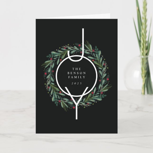 Festive JOY Christmas Wreath Leaves Berries Folded Holiday Card (Front)